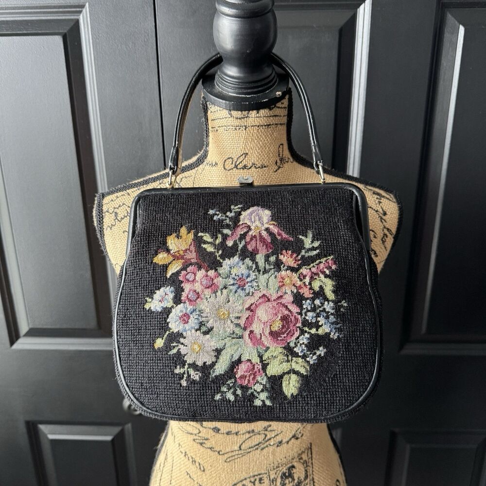 Vintage Needlepoint Floral  & Black Leather Handbag with leather handle